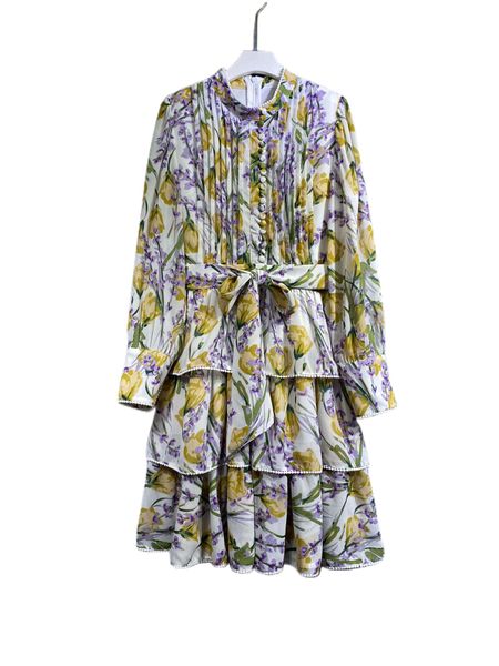 

spring 2023 new high class simple stand collar print long sleeve dress, Black;gray