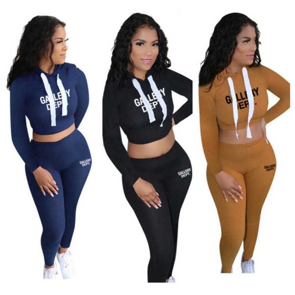

women high elastic tracksuits two piece set designer 2023 autumn winter solid letters printed long sleeve hooded pit strip casual suit, Gray
