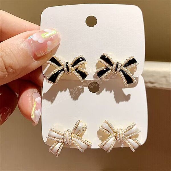 

black white bow stud earrings french simple imitation pearl dripping oil earrings temperament style female engagement jewelry, Golden;silver