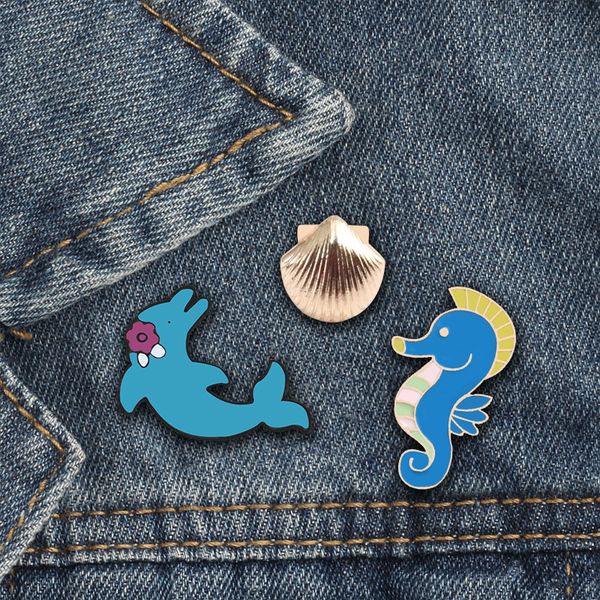 

cartoon blue hippocampus dolphin brooches for children 3pcs set gold shell enamel badges alloy pin denim shirt jewelry gift bag accessories, Gray