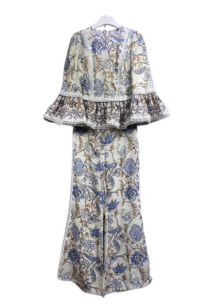 

spring 2023 new atmospheric round neck printed shirt with trousers set, White