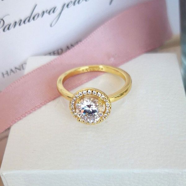 

shine gold plated sparkling round halo ring fit pandora jewelry engagement wedding lovers fashion ring for women, Silver
