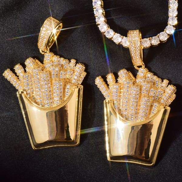 

mens cool hip hop necklace gold silver colors full cz french fries pendant necklace with 24inch rope chain nice gift