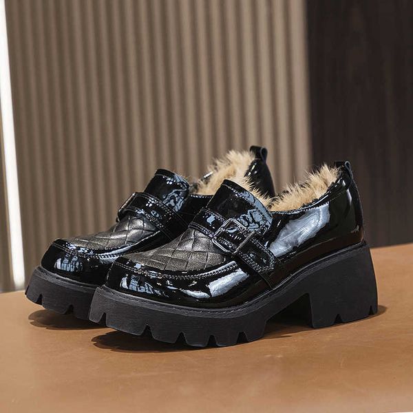 

dress shoes 2022 new patent net red pine cake british style academy small leather shoes casual street ps thick soled women's single, Black