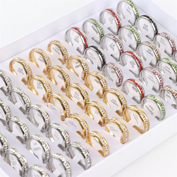 

36pcs/lot fashion rhinestone stainless steel jewelry rings for women men party gifts mix gold silver color wedding engagement wholesale, Golden;silver