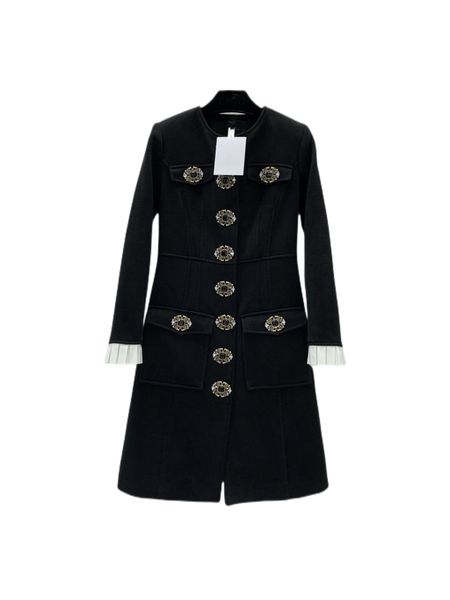 

new heavy industry luxury diamond inlaid large button decoration slim fit slim round neck long sleeve medium long woolen coat coat skirt, Black;gray