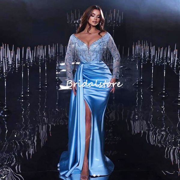 

luxury light blue mermaid prom dresses with slit long sleeve v neck dubai arabic evening dress 2023 beaded tassel formal party elegant plus, Black