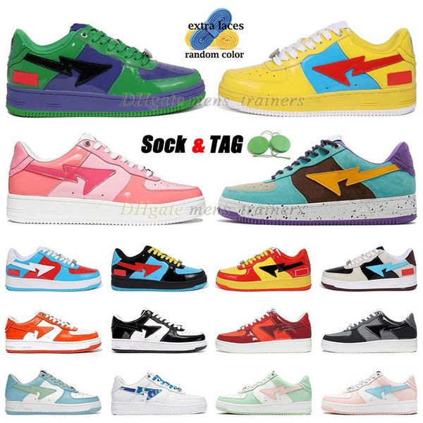 

with box bapestas mens womens designer shoes stas sk8 patent leather sneakers black and white green captain pink camo grey runner baped bape