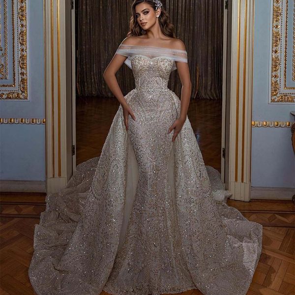 

elegant mermaid wedding dresses sweetheart sleeveless beads sequins appliques bridal gowns custom made detachable train vestidos de novia, White
