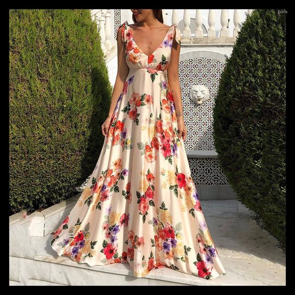 

Casual Dresses Summer Fashion V-neck Lace Sexy Backless Floral Print Womens Dress Party Elegant Long Skirt Ladies Large Plus Size -40, Apricot
