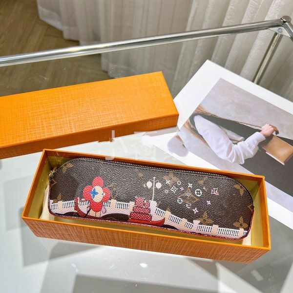 

luxury genuine leather wallets zippy coin purses pencil case double pen holder stationery office school supplies pens bag, Red;black