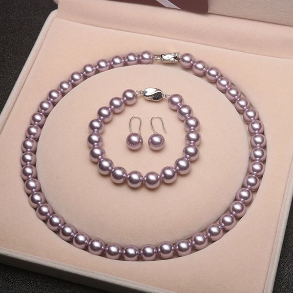 

12mm round natural shell pearl necklace bracelet earrings suit, Silver