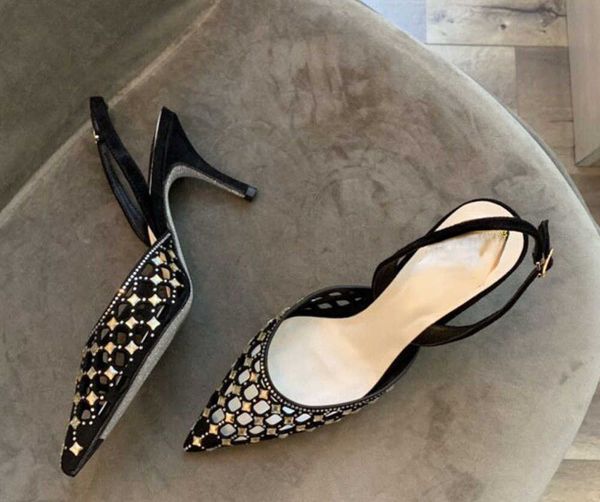 

brand sandals designer design 2022 summer new hollow out diamond studded baotou back high heels fairy sandals, Black
