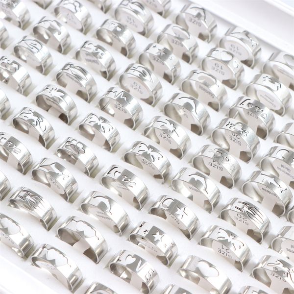 

fashion hollow silver color stainless steel rings for men womens mix animal love etc party ring style size 17mm to 21mm, Golden;silver