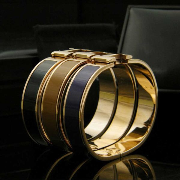 

designer jewelry h bracelet 1.2cm smooth metal buckle rotating opening color baking varnish titanium steel rose gold bracelet hot, Black