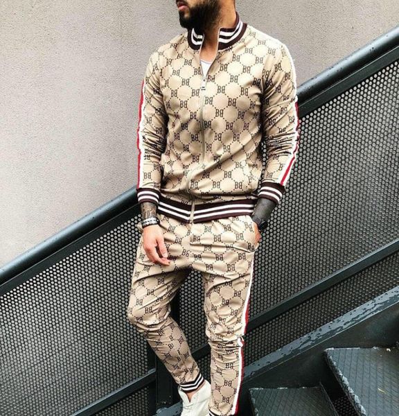 

gyms fitness men's sets 2 pieces sets tracksuit men zipper jackets & pants suits sportwear gentlemen plaid mens sports suit male clothe, Gray