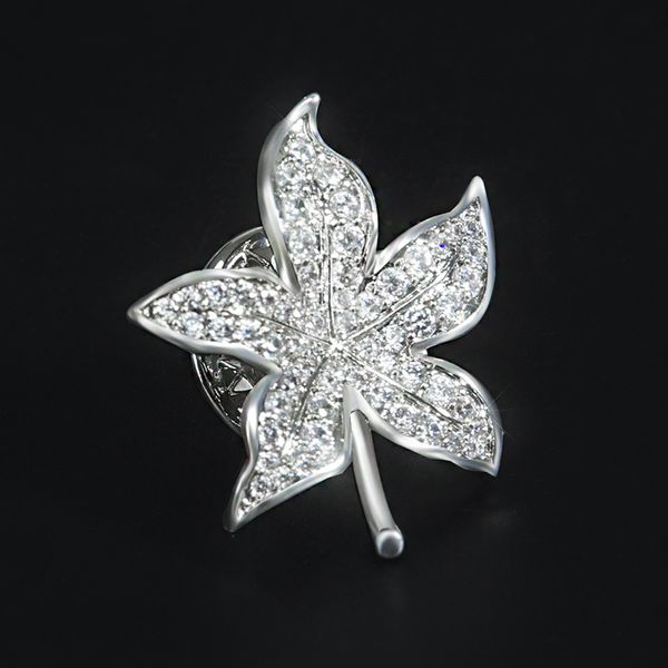 

luxury silver color maple leaf brooches for women full diamond mini corsage pin shirt clothing accessories party gift, Gray
