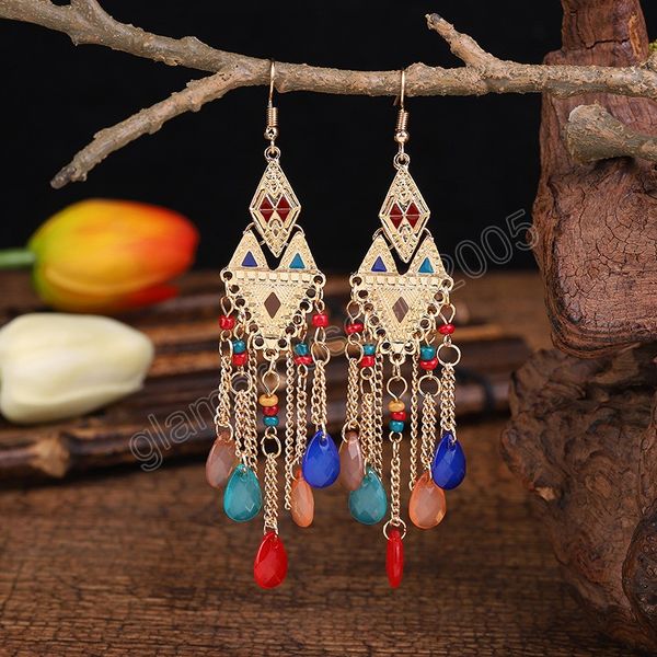 

classic women's blue crystal beads long tassel dangle earrings hangers jewelry vintage geometry alloy bohemia wedding earrings, Silver