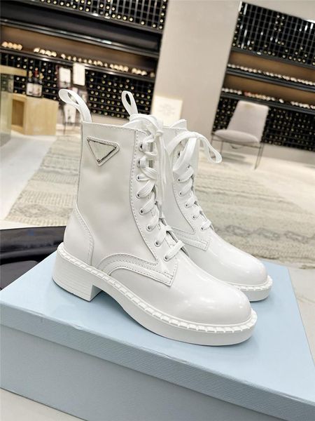 

designer luxury womens brushed-leather and re-nylon boots white leather rubber booties with original box, Black
