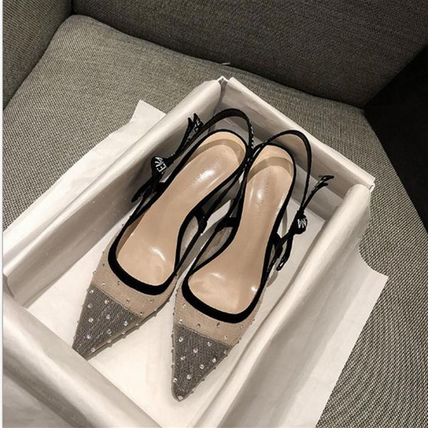 

-and baotou sandals women's shoes party mesh polka dot single shoes luxury designer bow sling high heel shoes237v, Black