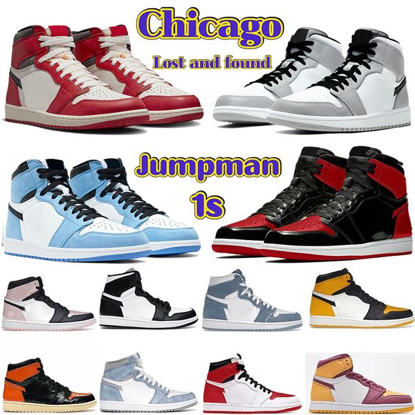 

mens 1 basketball shoes designer jumpman 1s chicago lost and found university blue patent bred light smoke grey brotherhood hyper royal