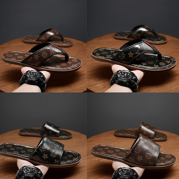 

luxury designer slipper summer fashion genuine leather stripes print wide flat slide mens beach causal sandals flip flops size 40-45, Black