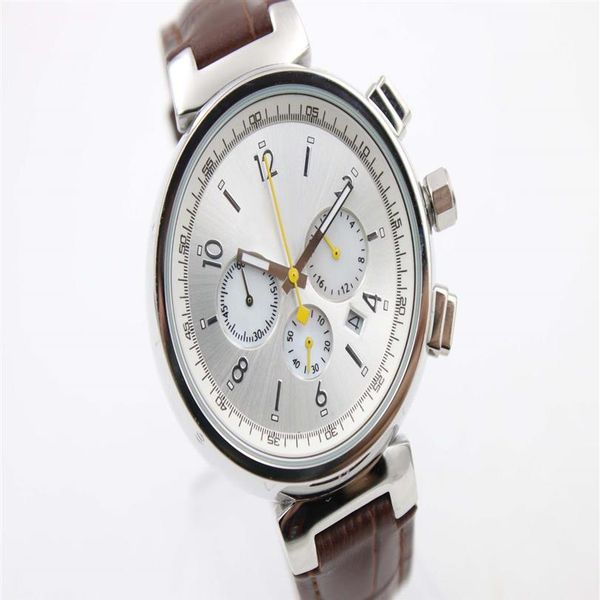 

limited white dial brown leather belt quartz chronograph full function trend whatches white stainless pointer watches mens wrist w231c, Slivery;brown
