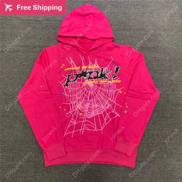 

2023ss young thug sp5der 555555 hoodies pink sportswear men women 1 1 foam printing spider web cap sweatshirts, Black