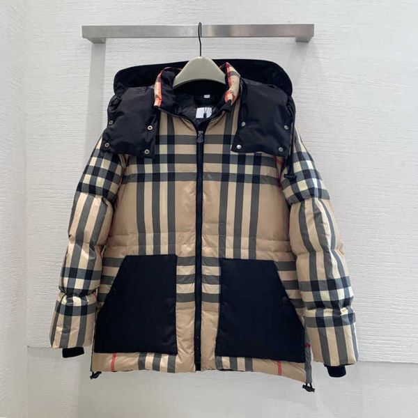 

2023 new men's ladies down jacket short hood collar plaid style pocket zipper european and american style, Black