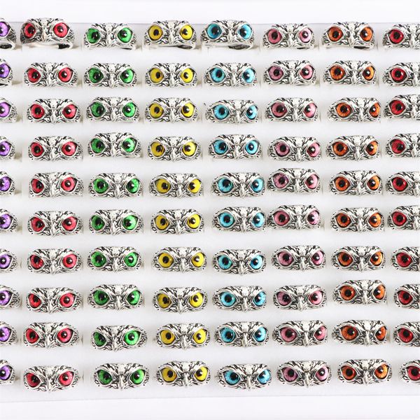 

punk vintage colorful owl eye adjustable open rings jewelry for women men mix style color party gifts wholesale 36pcs/lot, Golden;silver