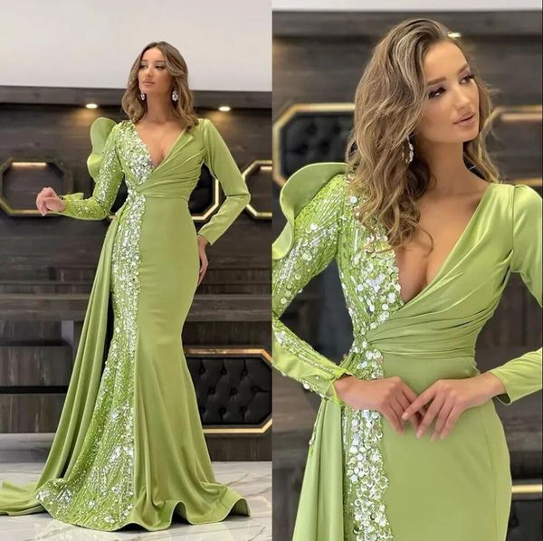 

mint green mermaid long sleeve evening dresses with side train 2023 gillter sequins mirror aso ebi arabic prom occasion reception gown, Black;red