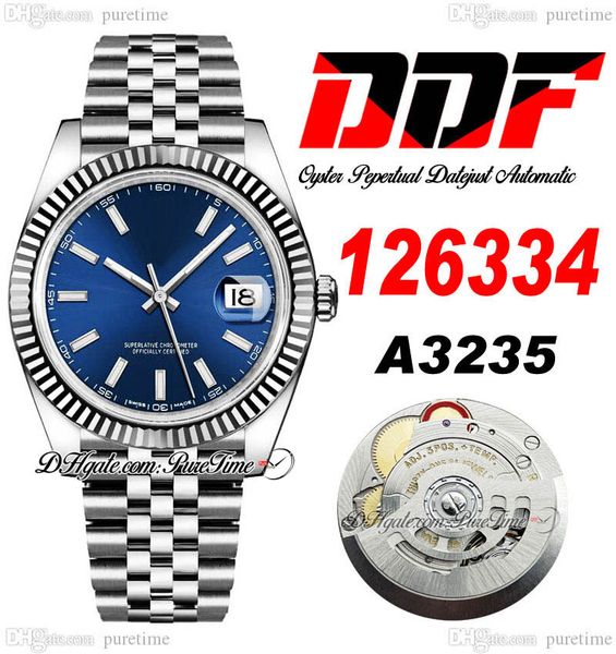 

ddf just 126334 a3235 automatic mens watch 41 fluted bezel blue dial stick markers 904l jubileesteel bracelet super edition same series card, Slivery;brown