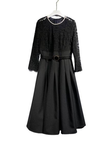 

spring 2023 new simple premium round neck plain waist mid length dress, Black;gray