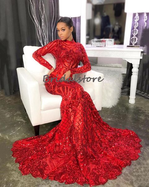

sparkly sequin red prom dresses 2023 high neck long sleeve mermaid formal occasion evening dress black girls african party gown women robe s