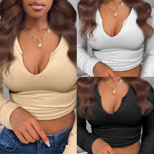 

brushed designer womens long sleeves t-shirt u-neck slim clothing, White