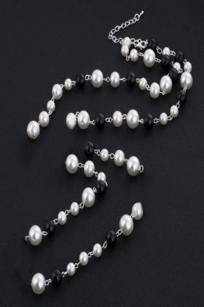 

paris lady jewelry necklace black white pearl rhinestone pendant necklace elegant women sweater chain fashion jewelrys clavicle ch4244549, Silver