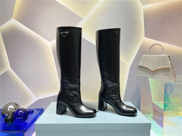 

designer luxury women black leather round toe zip fasten block heel knee high boots new with original box