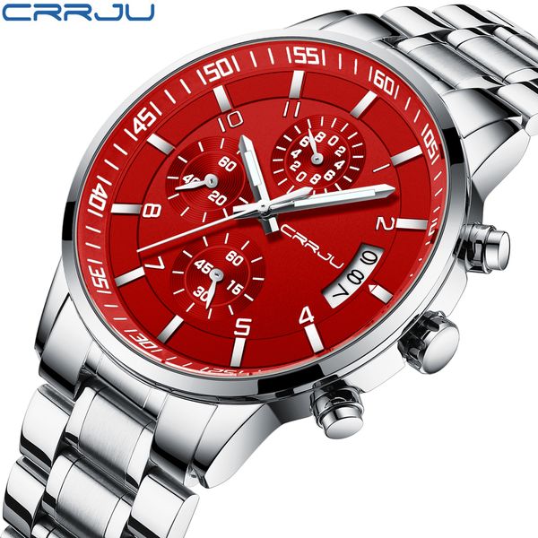

crrju men's quartz watch sports chronograph watch 316 stainless steel luminous men's watch red 2023, Slivery;brown