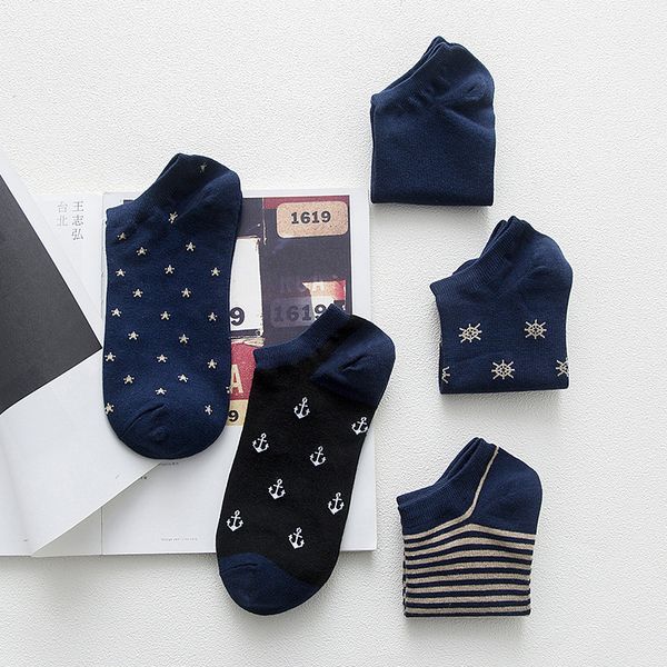 

men's socks summer men invisible spring cotton dark blue stars stripe male boat sock calcetines hombre, Black