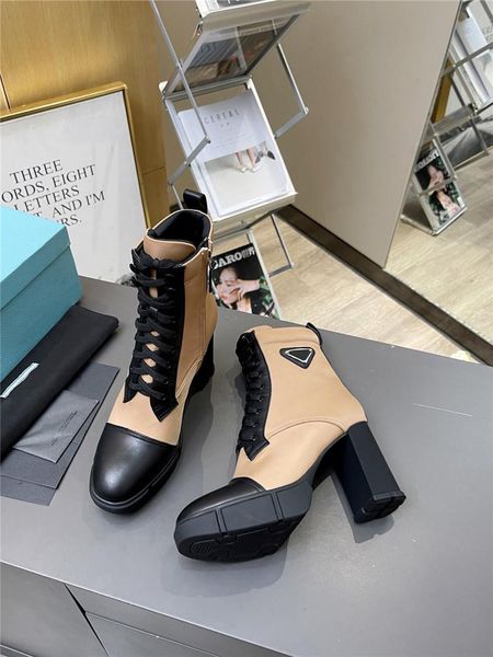 

designer luxury womens milano brushed beige and black leather and nylon laced booties boots with original box