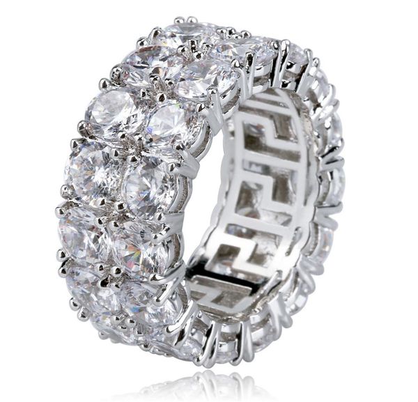

hip hop iced out copper goldsilver color plated micro pave cz stone 2 row round ring men women charm jewelry4920203, Silver