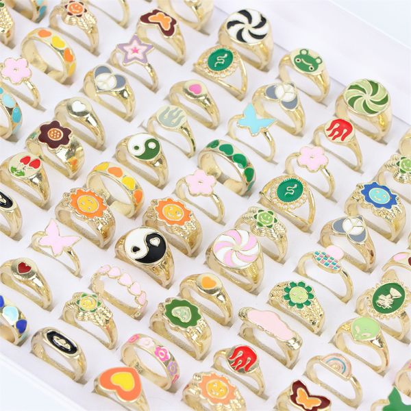 

wholesale 20pcs/lot fashion colorful dripping oil rings jewelry for women girls heart butterfly flower tai chi mix style gold plated gifts, Golden;silver