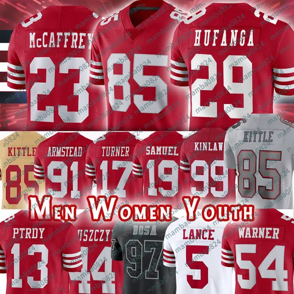 

13 brock purdy christian mccaffrey san francisco football jerseys 49eres george kittle deebo samuel brandon aiyuk fred warner talanoa hufang, Black;red