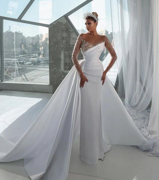 

gorgeous mermaid wedding dresses with detachable train long sleeve beaded crystal bridal gowns custom made vestido de novia, White