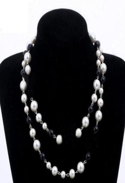 

designer jewelry necklace elegant women black and white pearl sweater chain paris fashion diamond necklaces wedding jewelrys acces7749014, Silver