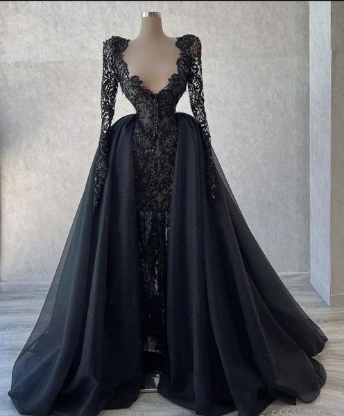 

black mermaid prom dresses long sleeves v neck appliques sequins beaded evening dresses lace floor length detachable train formal dresses pl