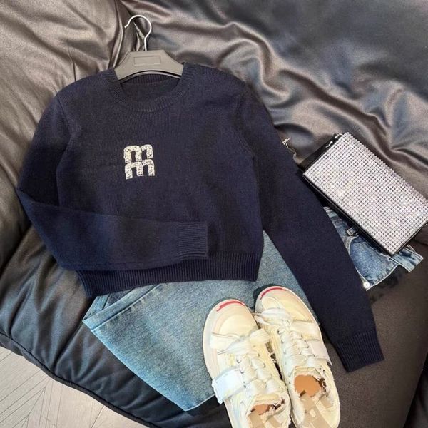 

designer women's sweater new heavy stud beaded monogrammed wool american retro style long sleeve crew-neck knit top, White;black