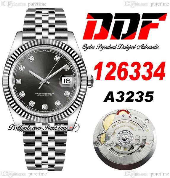 

ddf just 126334 a3235 automatic mens watch 41 fluted bezel gray dial diamonds markers 904l jubileesteel bracelet super edition same series c, Slivery;brown