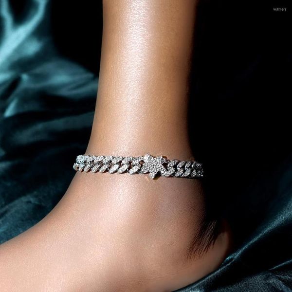 

anklets hip hop iced out paved rhinestone star cuban chain anklet for women 13mm miami bracelet barefoot sandals jewelry, Red;blue