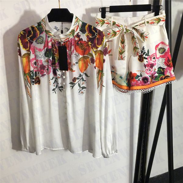 

designers womens shirts shorts 2pcs sets fashion print long sleeve t shirt lace up waist short pants casual suits, White